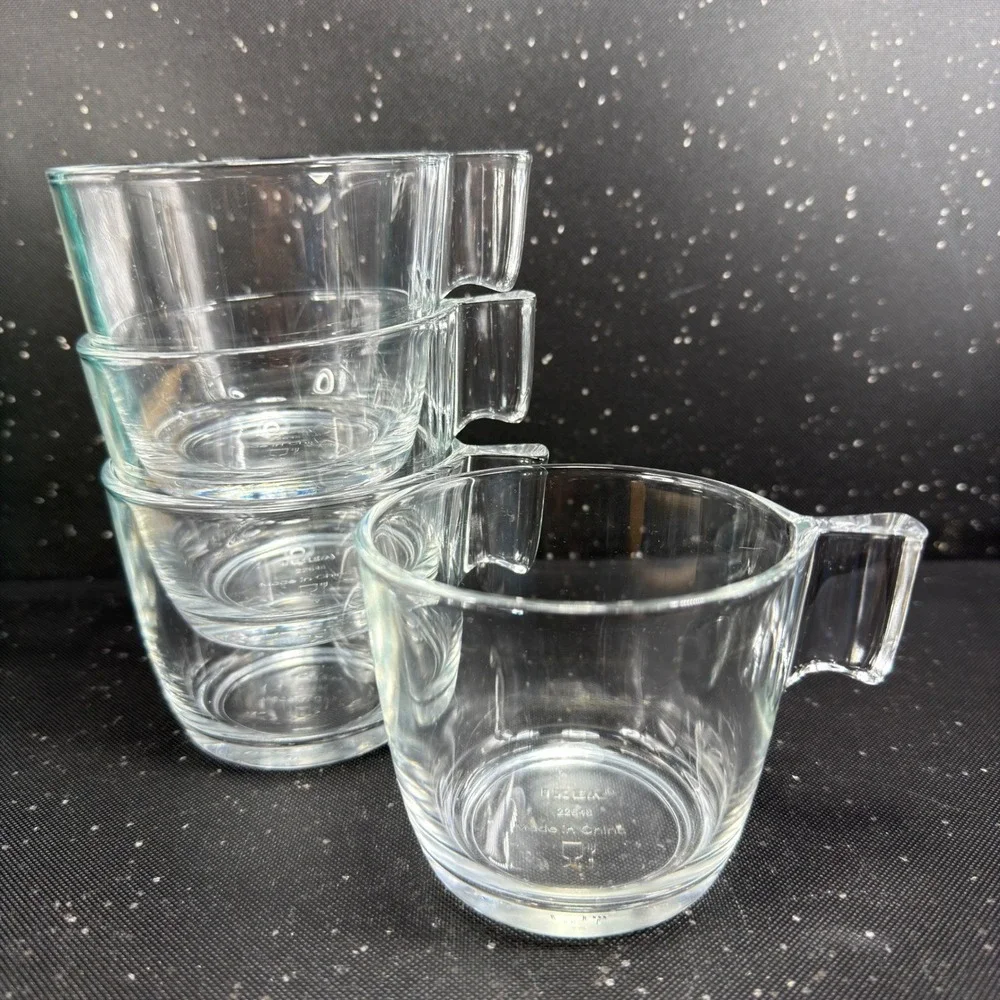 IKEA Clear Glass Coffee Mugs Set of 4 Stackable Square Handle 2.75in Tall